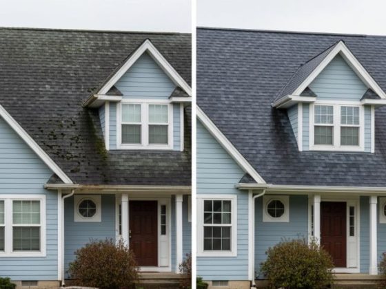 Before and after picture of a shingle roof replacement